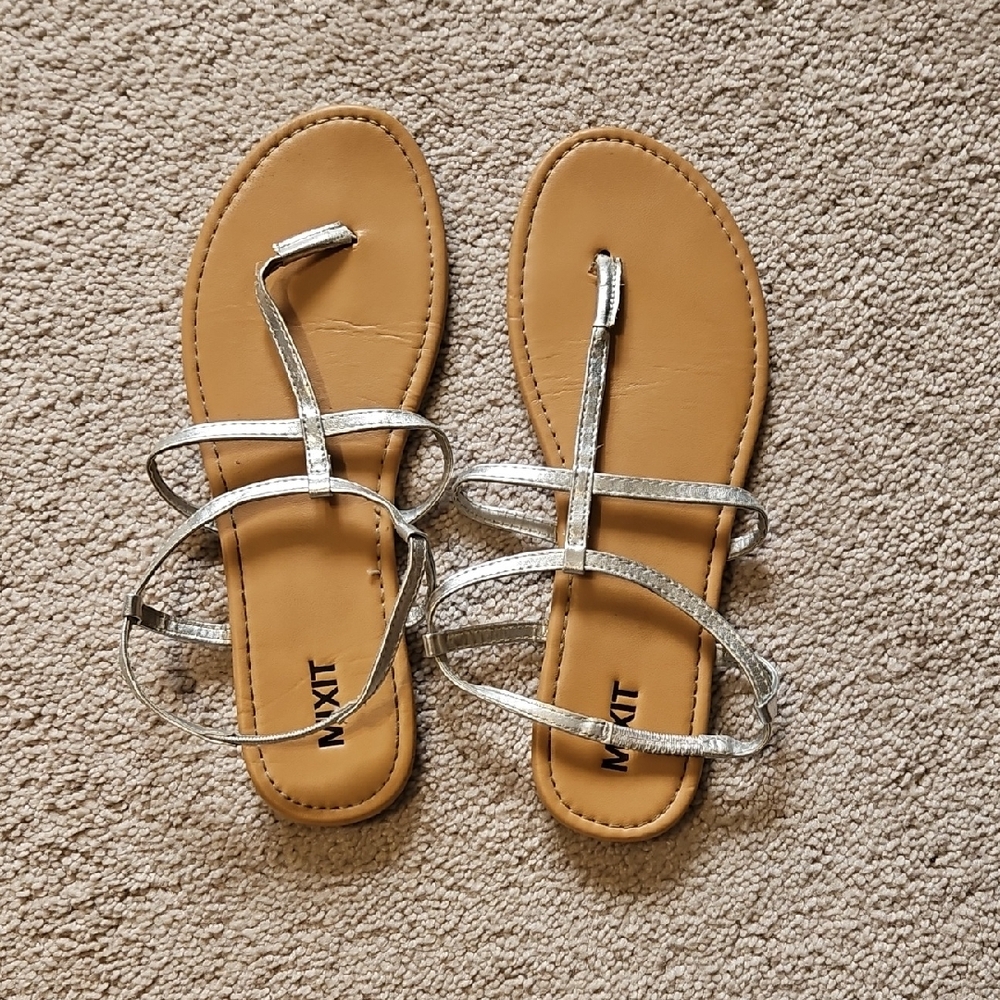Mixit Silver Strappy Flat Sandals with Tan Footbed